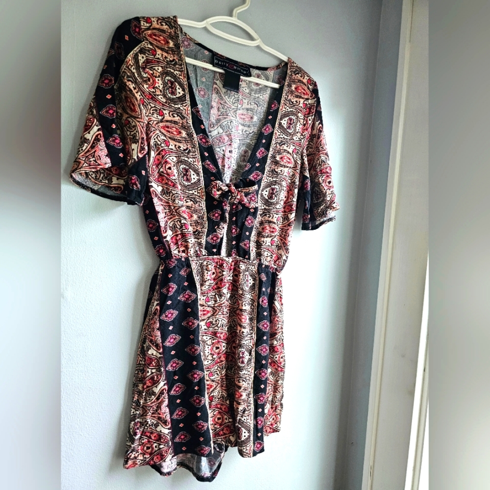 Polly & Esther Black Paisley Short Sleeve Romper with Pink and Cream Accents